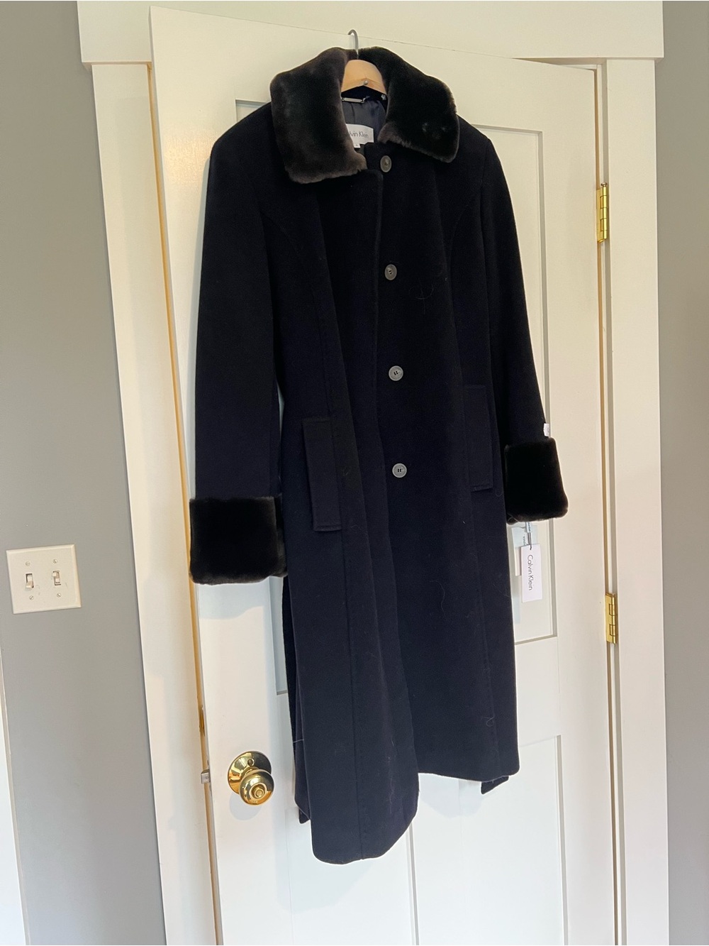 Calvin Klein Black Coat with Faux Fur Collar